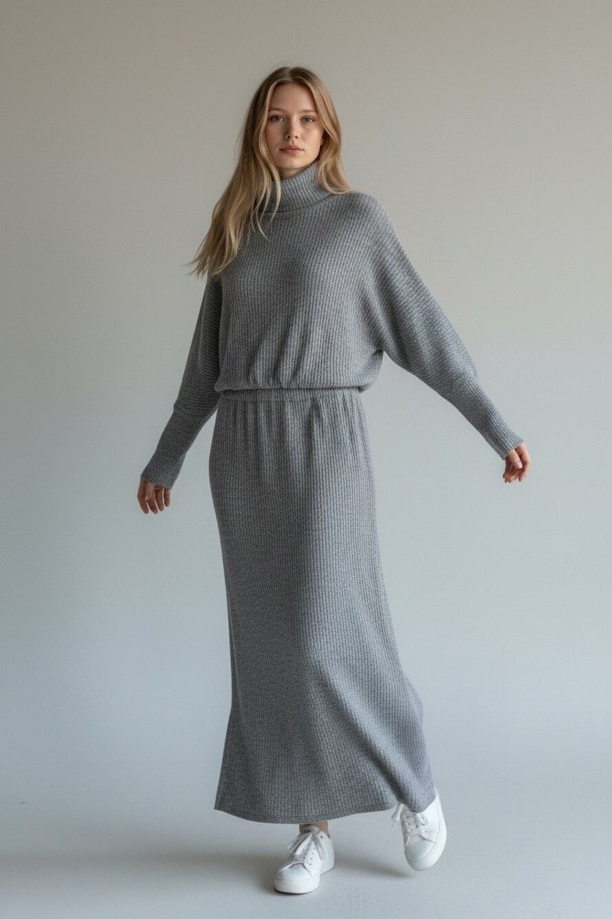 Anthropologie Saturday Sunday Ribbed Maxi Dress Gray Knit 2X Gathered Waist